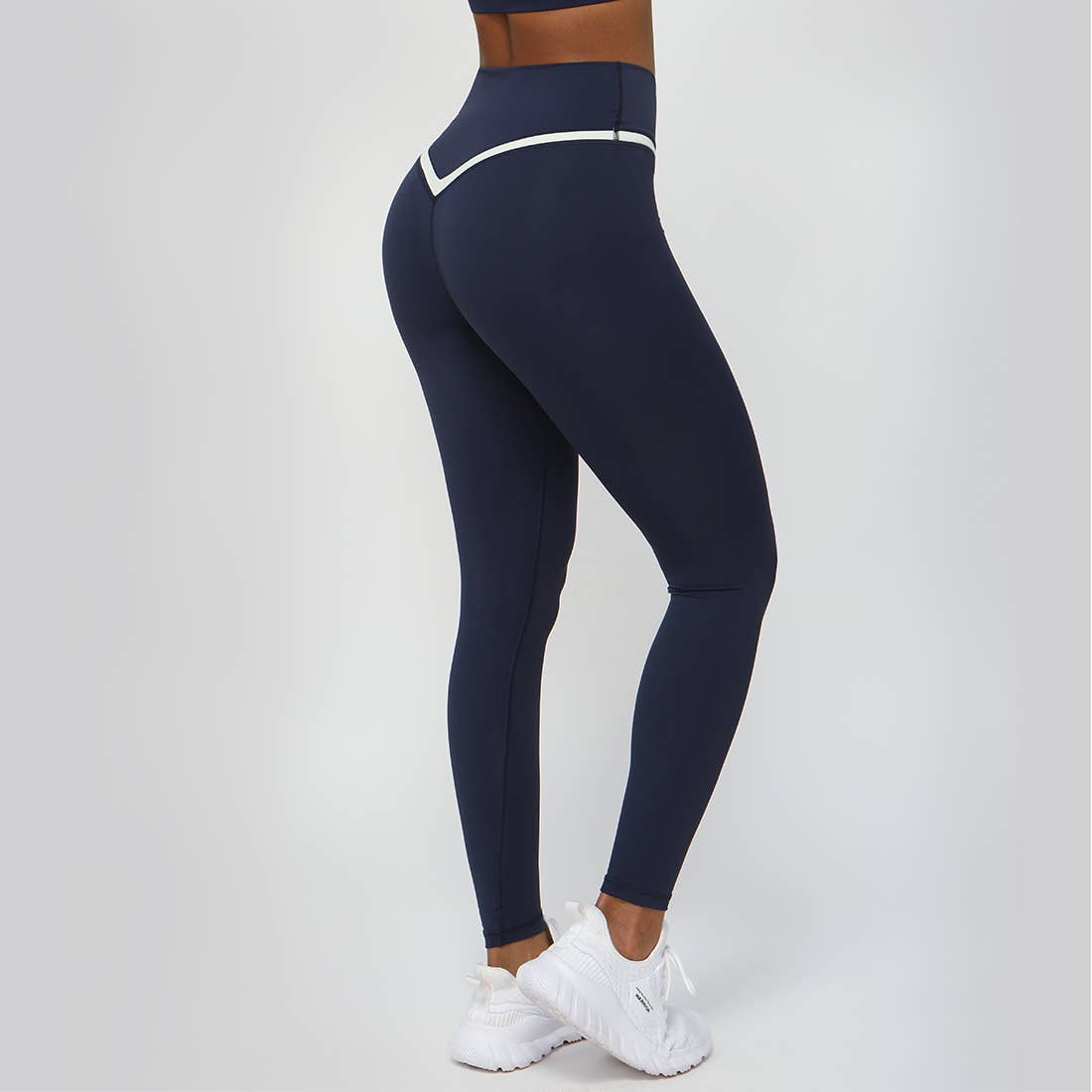 Women Color Block Fitness Cross Waist Sport Yoga Leggings: Navy Blue