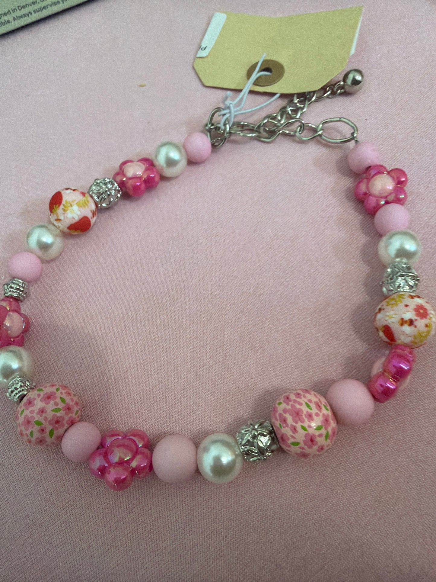 Pink Flower Beaded Dog Necklace