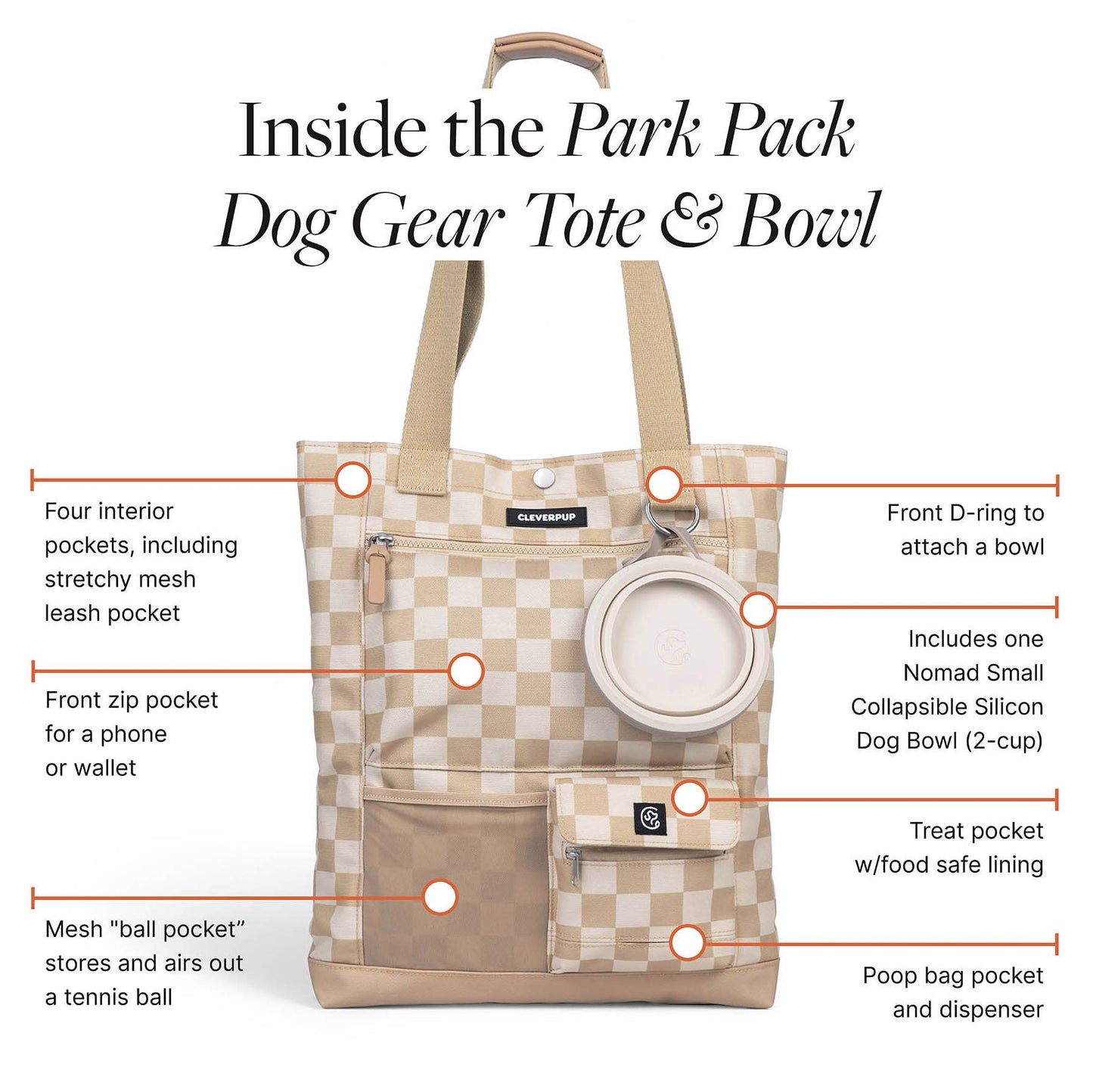 Park Pack Dog Gear Tote:Travel Bowl, Treat Pouch, Toy Pocket: Check