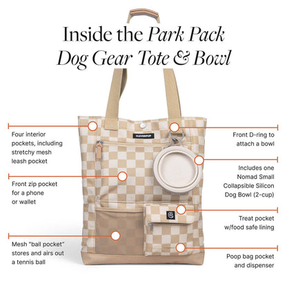 Park Pack Dog Gear Tote:Travel Bowl, Treat Pouch, Toy Pocket: Check