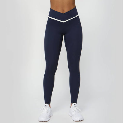 Women Color Block Fitness Cross Waist Sport Yoga Leggings: Navy Blue