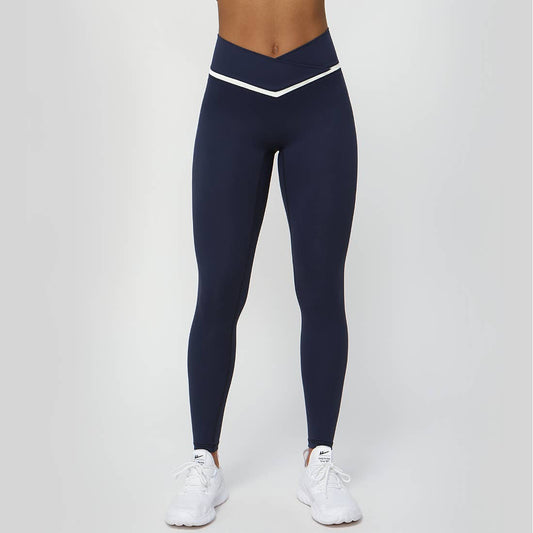 Women Color Block Fitness Cross Waist Sport Yoga Leggings: Navy Blue
