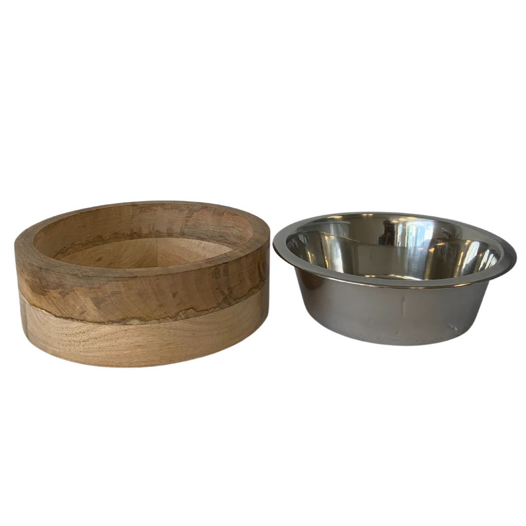 Stainless Steel Dog Bowl with Wood Holder: 1 Quart