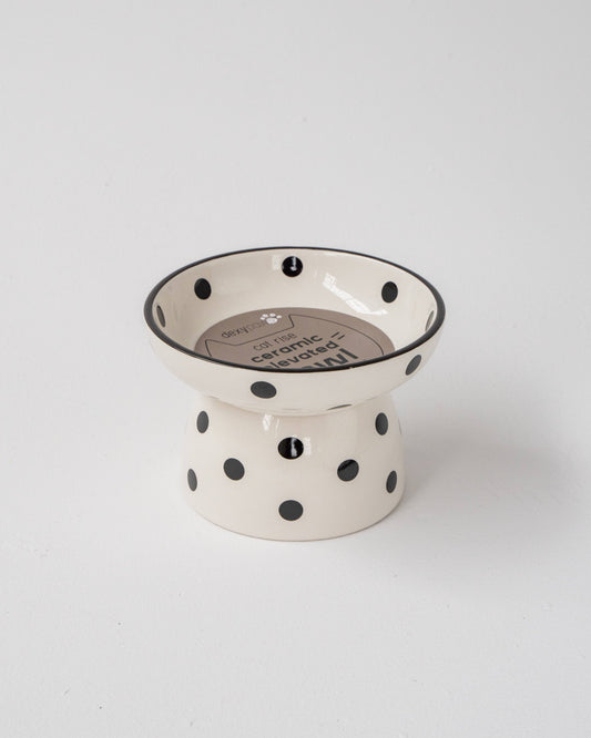 Cat Ceramic Bowl - White & Black Polka Dot