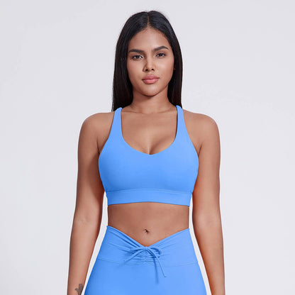 Women Cross Back Mid Support Sport Bra: Sky Blue