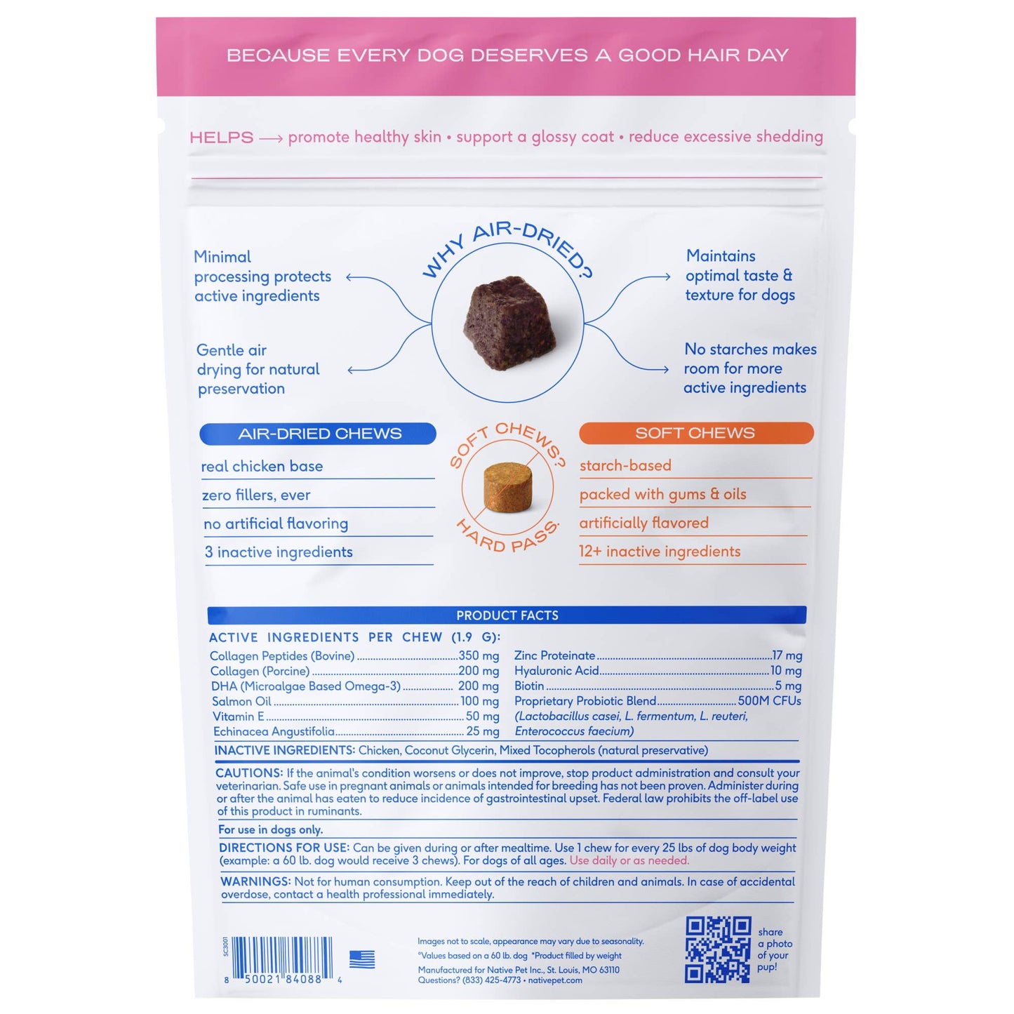 Native Pet Skin + Coat Chews, Skin & Coat Supplement for Dogs: 30ct